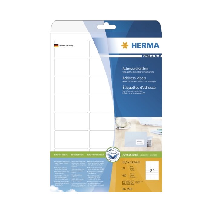 Étiquettes dadresse HERMA Premium A4 63,5x33,9 mm blanc papier mat 600 pcs.