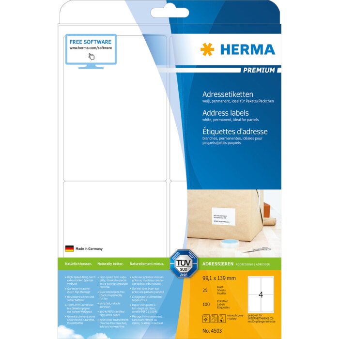 Étiquettes dadresse HERMA Premium A4 99,1x139 mm blanc papier mat 100 pcs.