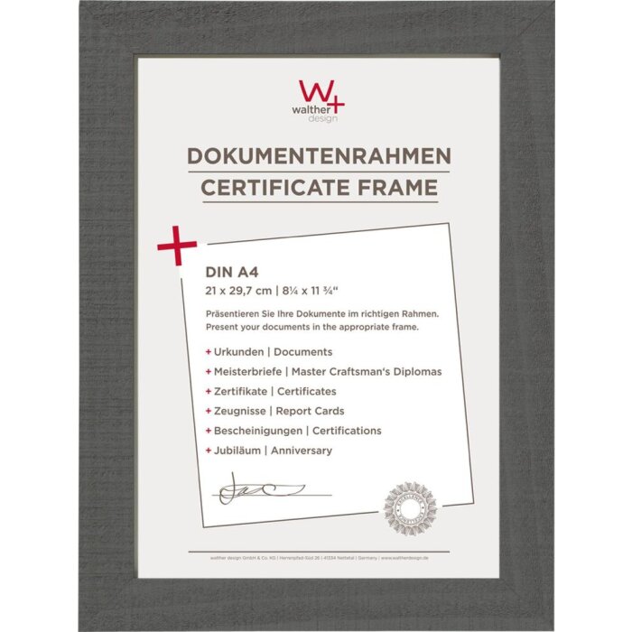 Walther Cadre en bois Home gris 21x29,7 cm DIN A4 Cadre pour diplômes