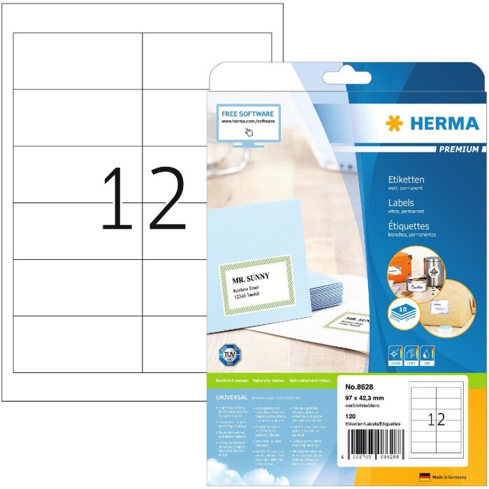 Étiquettes Premium A4, blanches 96,5x42,3 mm papier mat 120 pcs.