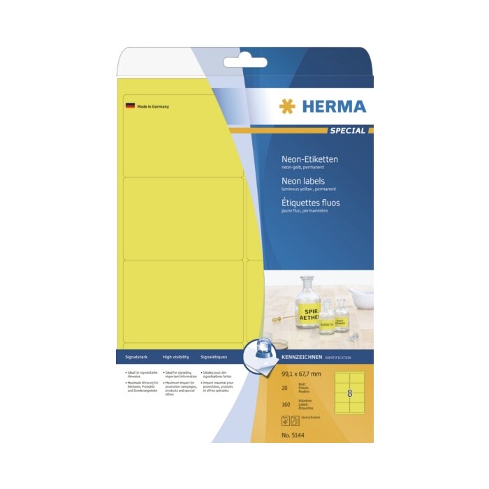 Étiquettes HERMA A4 jaune fluo 99,1x67,7 mm papier mat 160 pièces