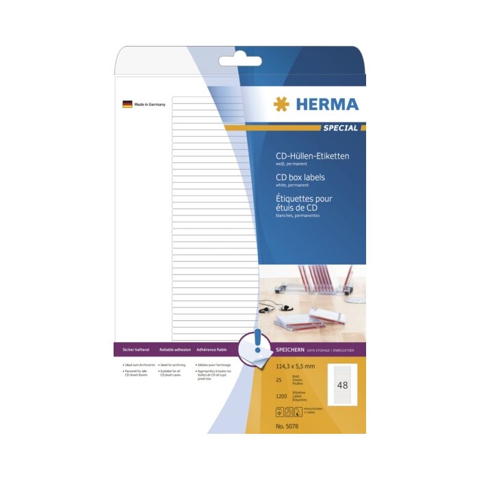 Étiquettes HERMA pour boîtier CD A4 blanches 114,3x5,5 mm papier mat 1200 pièces