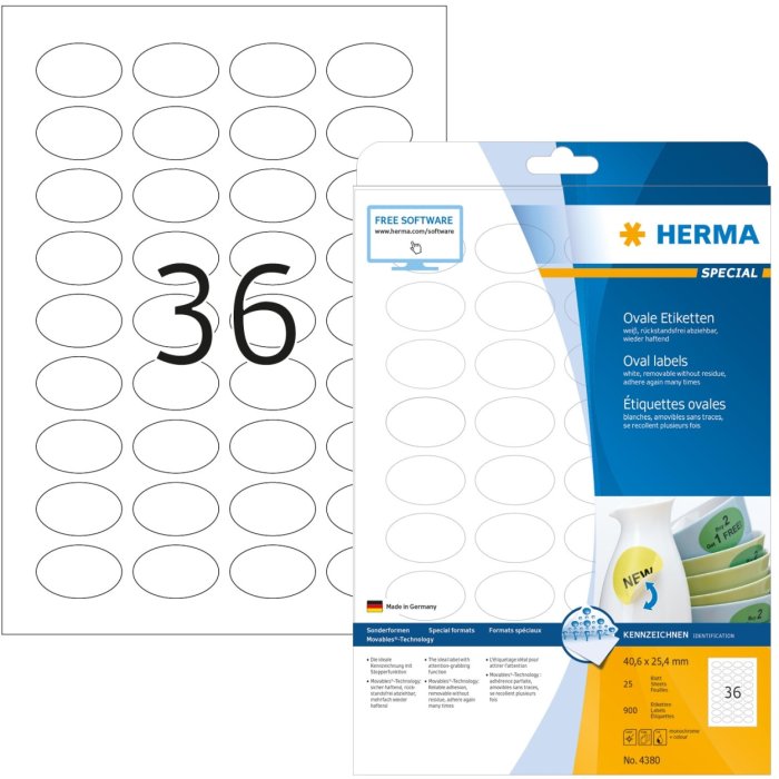 Étiquettes HERMA A4 blanches 40,6x25,4 mm ovales Movables-amovibles papier mat 900 pcs.