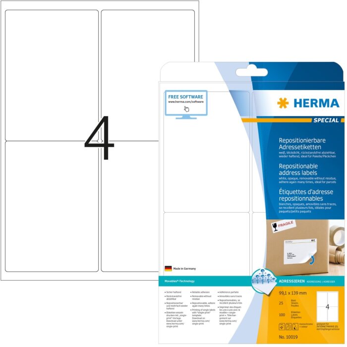 Étiquettes dadresse A4 blanches 99,1x139 mm repositionnables papier mat opaque 100 pcs.