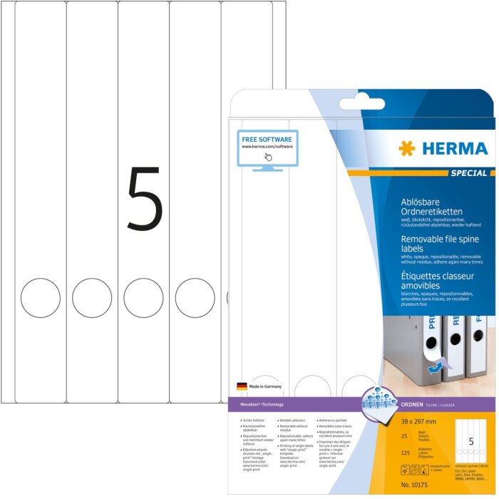 Étiquettes classeur A4 blanches 38x297 mm Movables-amovibles papier mat opaque 125 pcs.