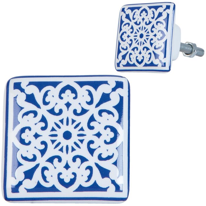 Clayre & Eef 63415 Bouton de porte 3x2x3 cm Bleu Blanc Céramique Carré