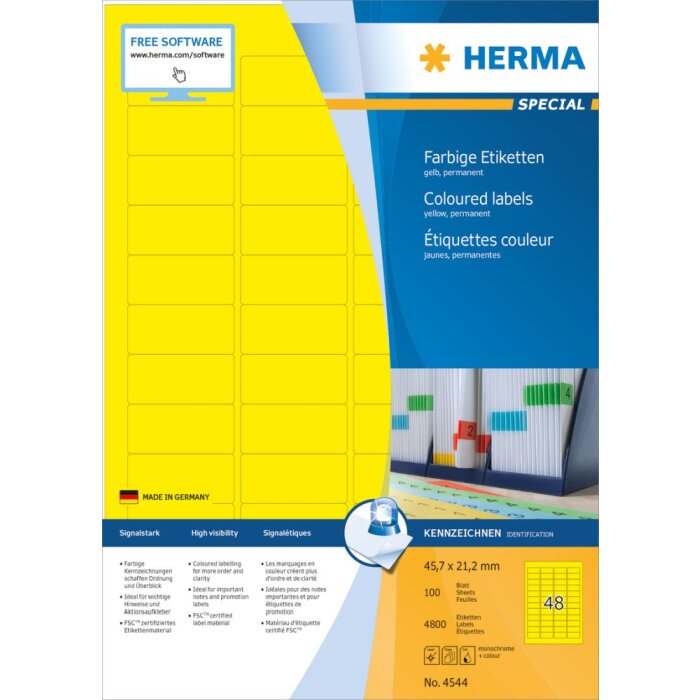 Herma SPECIAL Étiquettes de couleur A4, 45,7 x 21,2 mm, jaunes, adhésives permanentes