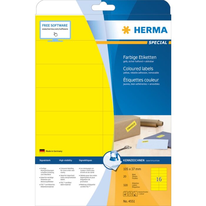 Herma SPECIAL Étiquettes de couleur A4, 105 x 37 mm, jaunes détachables Papier mat