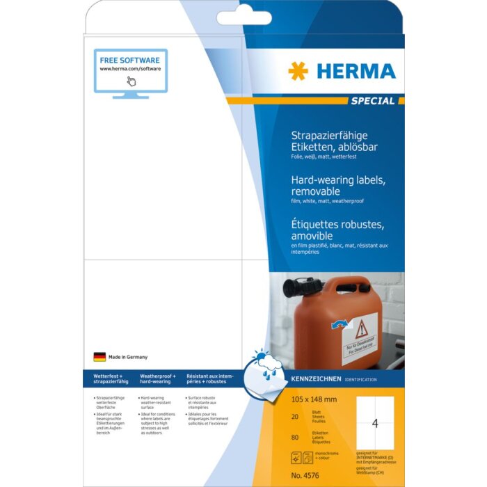 Herma SPECIAL Étiquettes en film résistant aux intempéries A4, 105 x 148 mm, blanches, extrêmement adhésives, amovibles