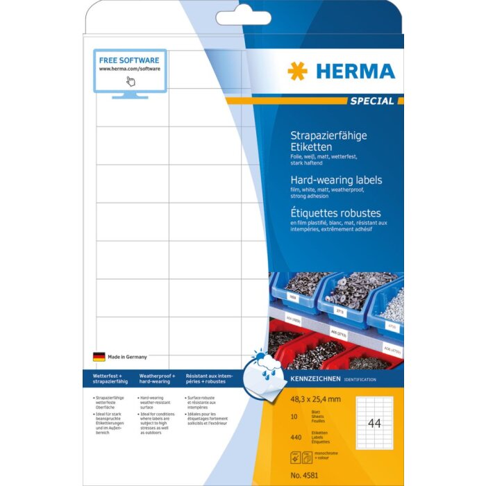 Herma SPECIAL Étiquettes en plastique résistantes aux intempéries A4, 48,3 x 25,4 mm, blanches, extrêmement adhésives