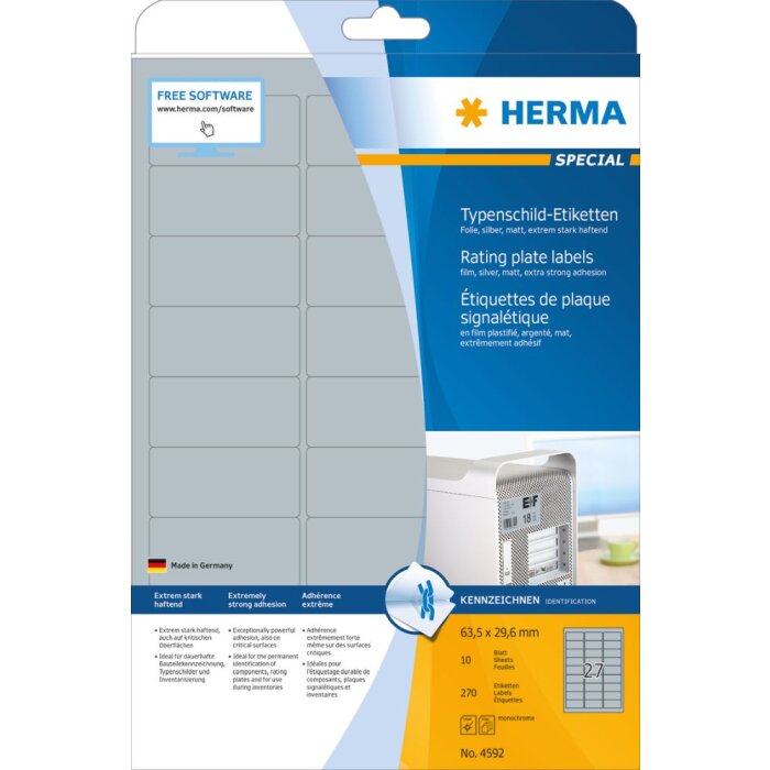 Herma SPECIAL Étiquettes de plaque signalétique, argentées, A4, 63,5 x 29,6 mm, extrêmement adhésives, résistantes aux intempéries, indéchirables