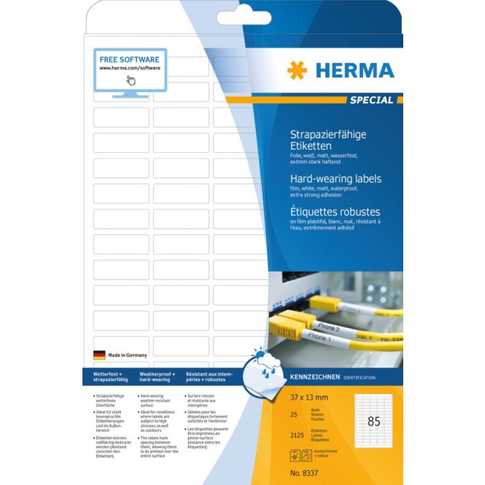 Herma SPECIAL Étiquettes en plastique résistantes aux intempéries A4, 37 x 13 mm, blanches, extrêmement adhésives