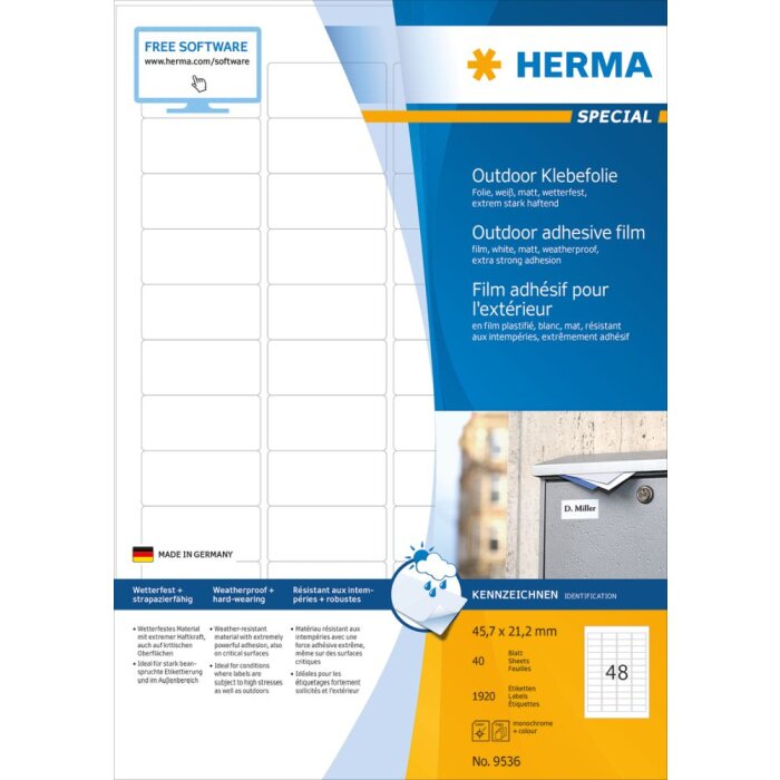 Herma SPECIAL Étiquettes en film Outdoor résistantes aux intempéries A4, 45,7 x 21,2 mm, blanches, extrêmement adhésives, extensibles