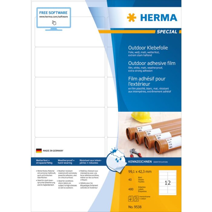 Herma SPECIAL Étiquettes en film Outdoor résistantes aux intempéries A4, 99,1 x 42,3 mm, blanches, extrêmement adhésives, extensibles