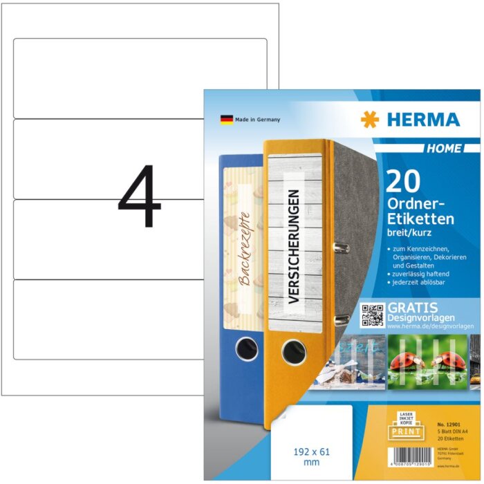 Herma HOME Étiquettes classeur amovibles A4, 192 x 61 mm, blanches, opaques, pour classeurs larges (courtes)