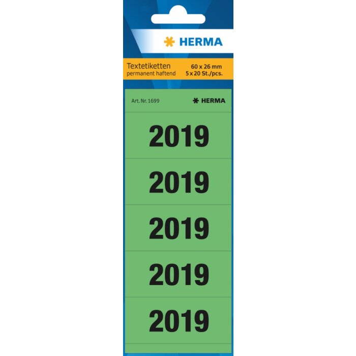 Herma Années 2019 pour classeurs, 60 x 26 mm, vert, adhésif permanent