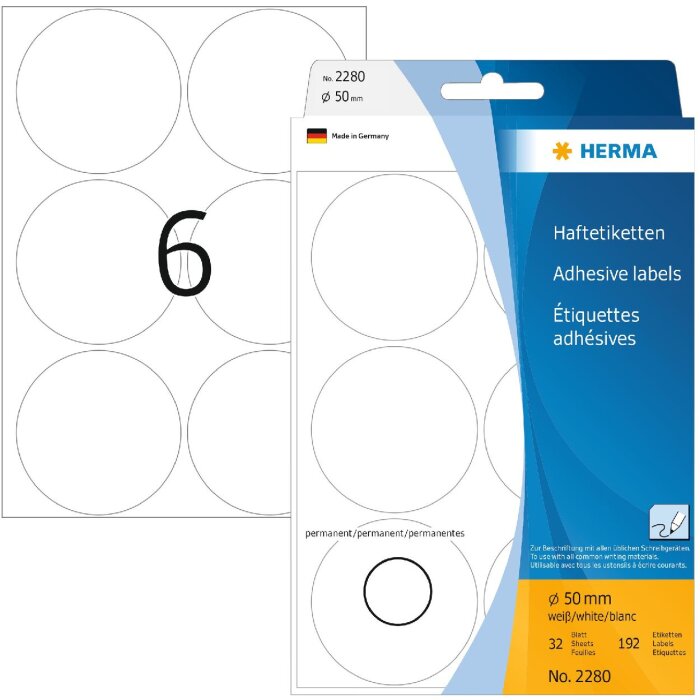 Étiquettes multi-usages blanches Ø 50 mm rond papier mat 192 pcs.