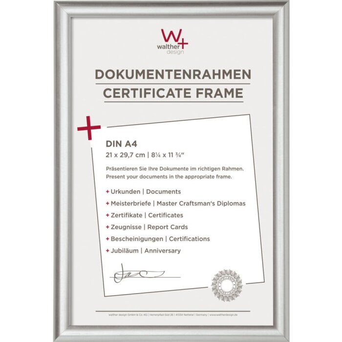 Walther Urkunden-Bilderrahmen Trendstyle 21x29,7 cm DIN A4 argent Cadre pour diplômes