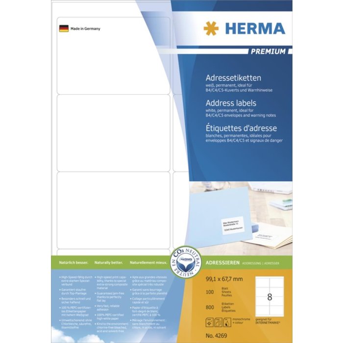 Étiquettes dadresse Premium A4, blanches 99,1x67,7 mm papier mat 800 pcs.