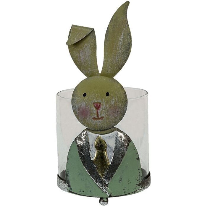 Clayre & Eef 64995 Photophore Lapin Vert, Blanc, Rose 11x10x22 cm