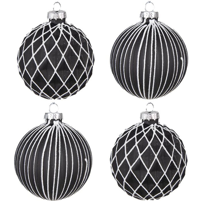 Clayre & Eef 6GL4133 Boule de Noël Ø 8x8 cm (set de 4 pièces) Noir - Blanc