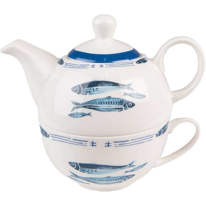 Clayre & Eef FIBTEFO Tea for One 400 ml Blanc Bleu Porcelaine Poissons Set de thé