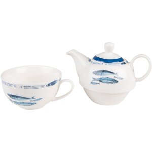 Clayre & Eef FIBTEFO Tea for One 400 ml Blanc Bleu Porcelaine Poissons Set de thé