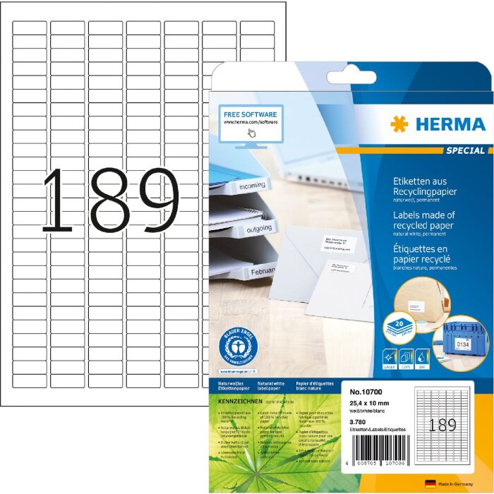 HERMA 10700 Étiquettes papier recyclé A4 25.4x10mm blanc permanent