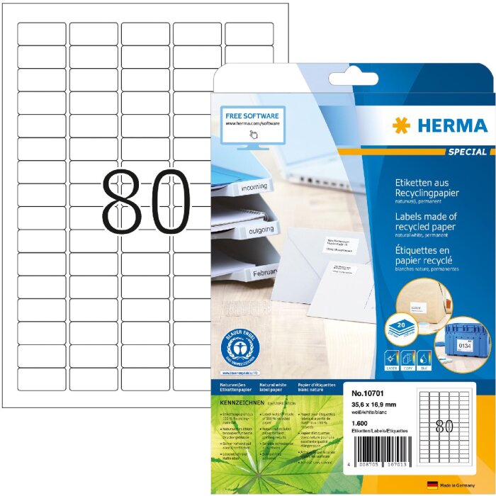 HERMA 10701 Étiquettes papier recyclé A4 35.6x16.9mm blanc permanent