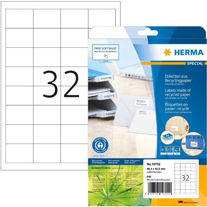 HERMA 10702 Étiquettes papier recyclé A4 48.3x33.8mm blanc permanent