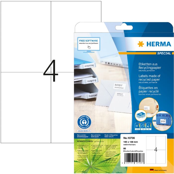 HERMA 10706 Étiquettes papier recyclé A4 105x148mm blanc permanent