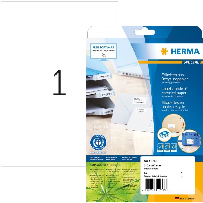 HERMA 10708 Étiquettes papier recyclé A4 210x297mm blanc permanent