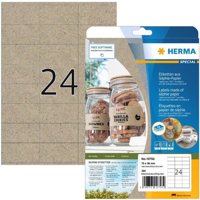 HERMA 10753 Étiquettes papier silphie 70x36mm brun naturel permanent 480 pièces