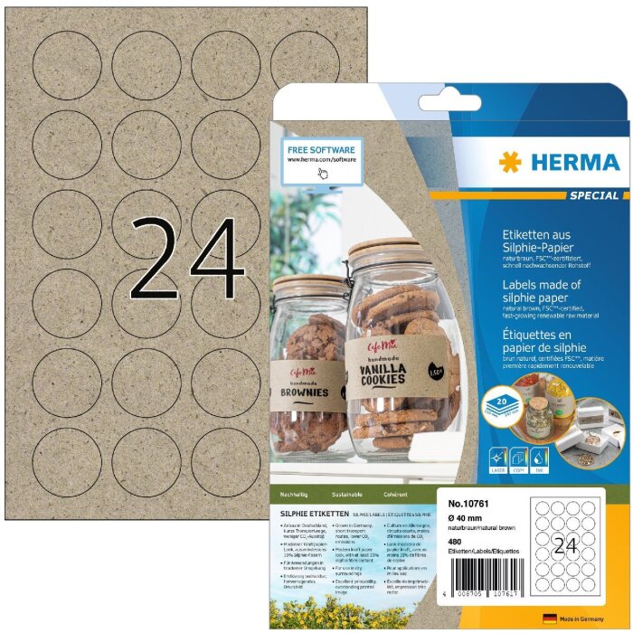 HERMA 10761 Étiquettes papier silphie A4 Ø 40 mm brun naturel permanent