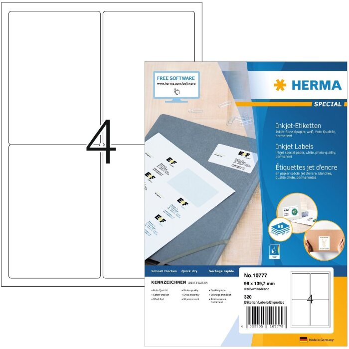 HERMA 10777 Étiquettes jet dencre A4 96x139.7 mm blanches permanentes 320 pièces