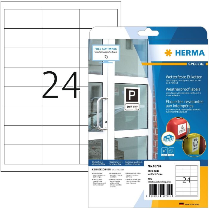 HERMA 10794 Étiquettes résistantes aux intempéries 66x33,8 mm blanches extrêmement adhésives 480 pièces