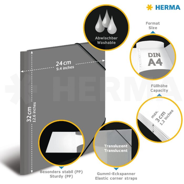 HERMA 19655 Fardes de classement A4 PP Jaune fluo Résistant à lusure Elastique