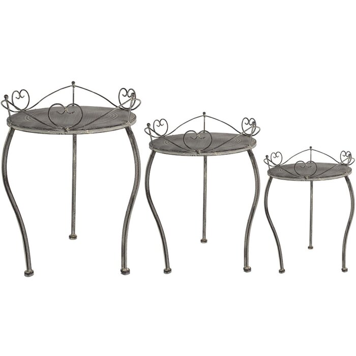 Clayre & Eef Set de 3 tables à plantes décor cœur style campagne gris fer