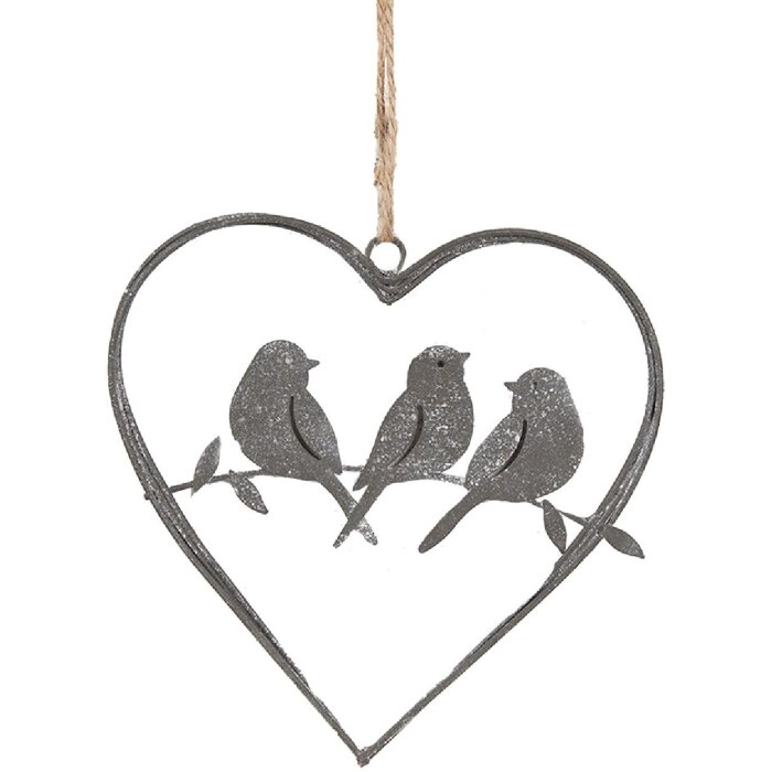 Clayre & Eef 6Y5559 Coeur Pendentif avec oiseaux Gris 14x13 cm