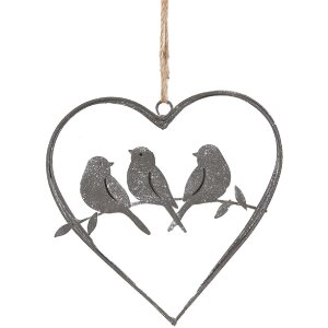 Clayre & Eef 6Y5559 Coeur Pendentif avec oiseaux Gris 14x13 cm