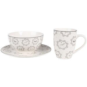 Clayre & Eef LGDBO Bol de soupe Porcelaine Blanc Gris...