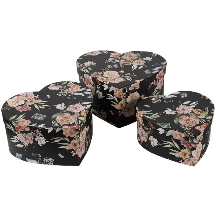 Clayre & Eef 66010 Set boîte de rangement en forme de cœur 3 pièces noir motif floral