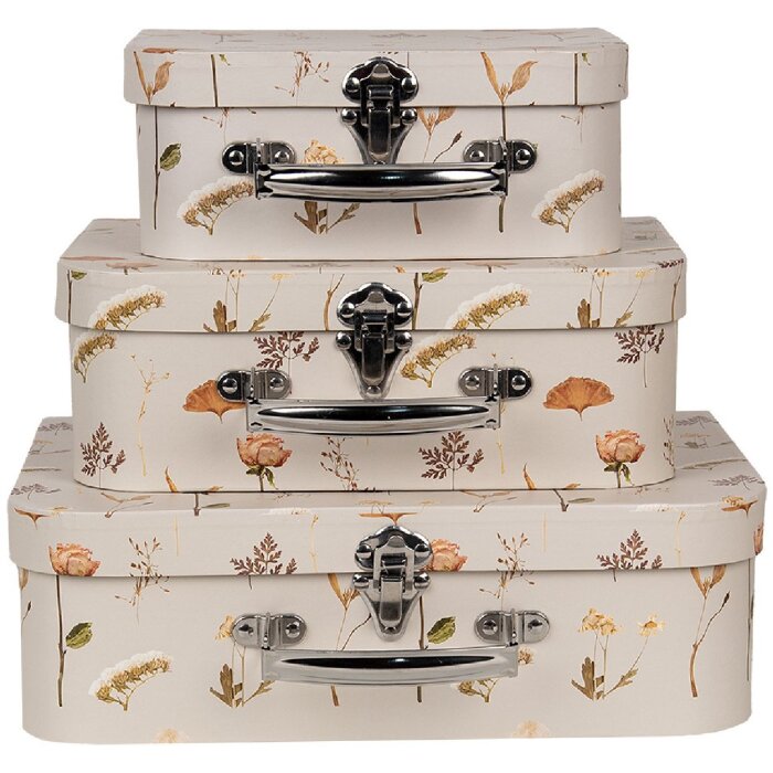 Clayre & Eef 66022 Set de 3 valises de décoration Beige floral 30/25/20 cm