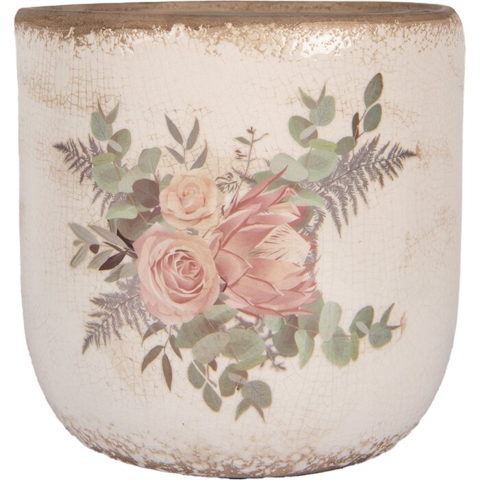 Clayre & Eef 6CE1981L Pot de fleurs en céramique Motif floral Beige Rose Ø 18x17 cm