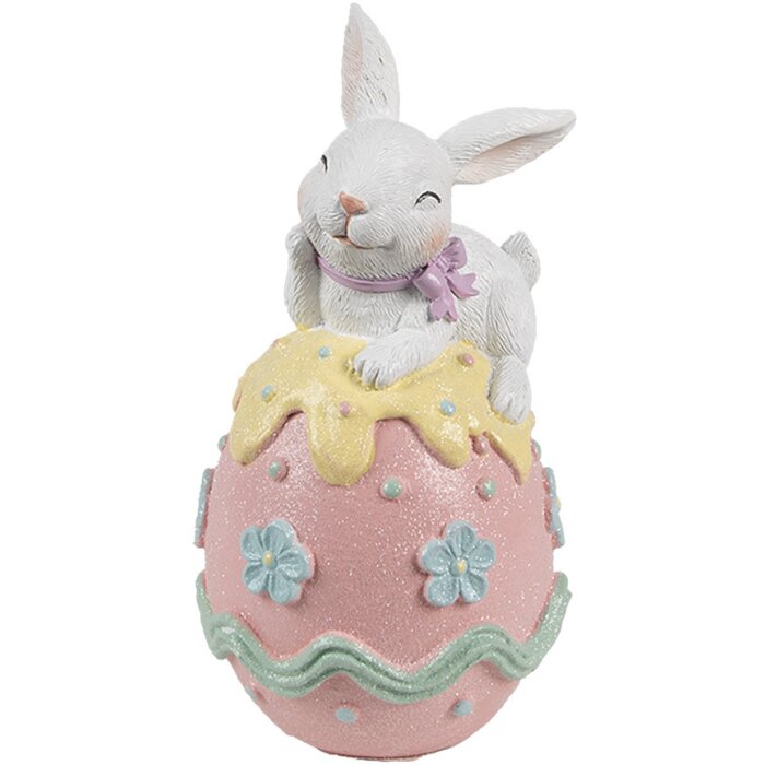 Clayre & Eef 6PR5211 Décoration Lapin sur œuf 9x9x17 cm blanc rose