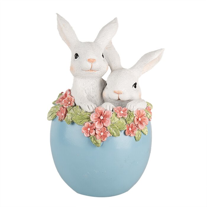 Clayre & Eef Deko Lapin dans un œuf Figure de Pâques Blanc Bleu 13x12x21 cm