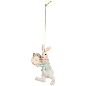 Clayre & Eef Décoration Pendentif Lapin Blanc Vert 5x3x9 cm Polyrésine