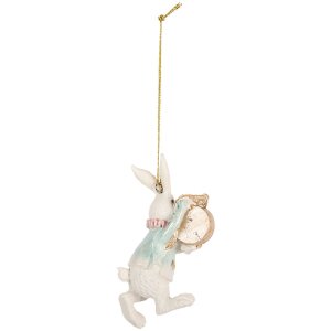 Clayre & Eef Décoration Pendentif Lapin Blanc Vert 5x3x9 cm Polyrésine