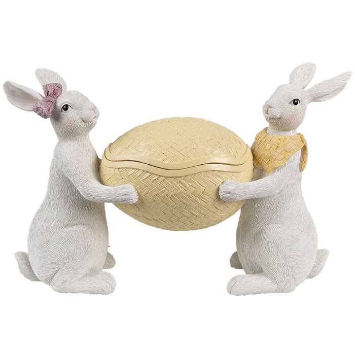 Clayre & Eef Bol décoratif avec couvercle Lapin avec œuf de Pâques Blanc Jaune 29x10x18 cm