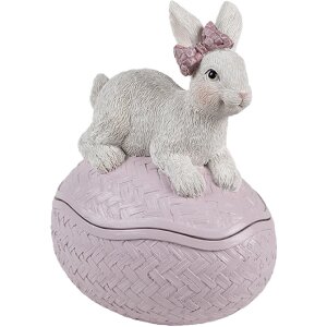 Clayre & Eef Bol décoratif avec couvercle Lapin sur œuf de Pâques rose 9x13x16 cm